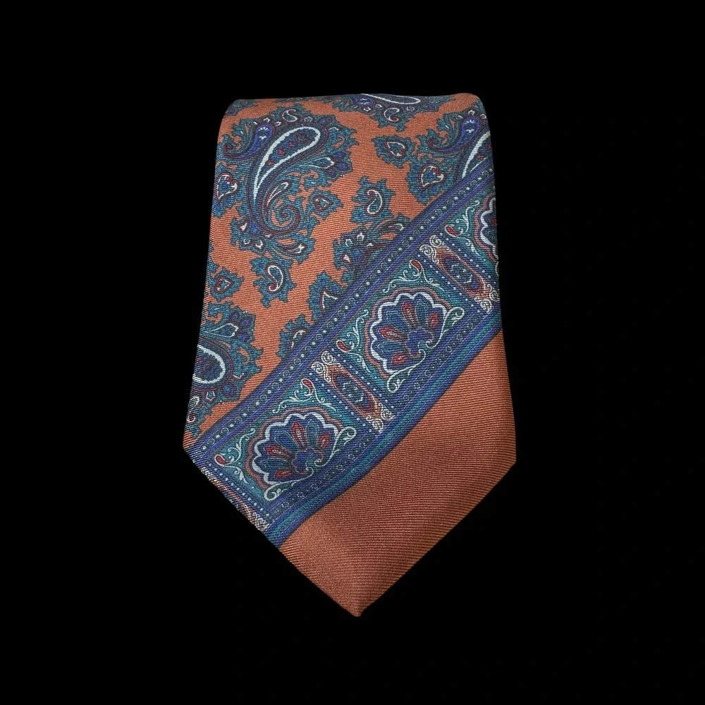 Mallory & Church London Mens Silk Tie Rust Orange Blue Paisley Floral Border 57
